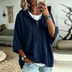 Women's Oversized Hooded Knit Jumper with Lace-Up Front, Navy Blue, view 8