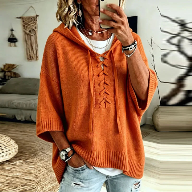 Women's Oversized Hooded Knit Jumper with Lace-Up Front, Orange, view 9