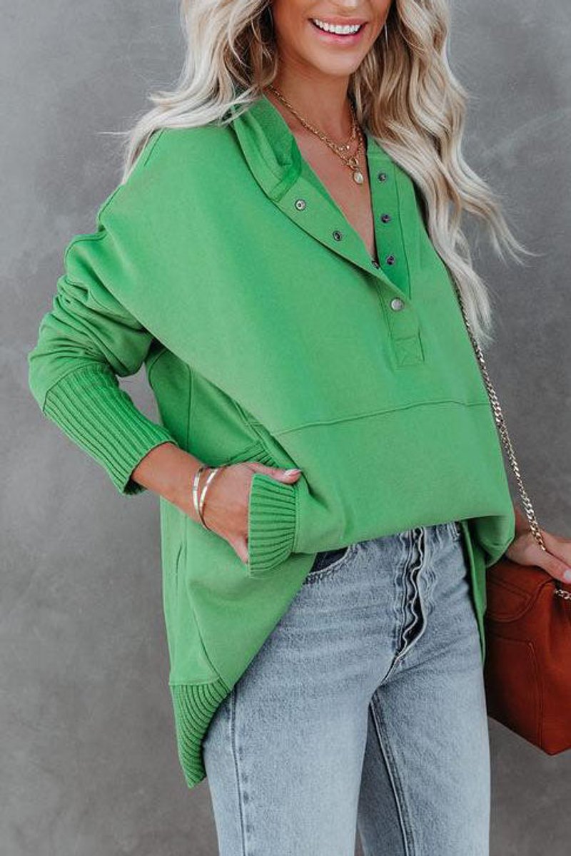 Women's Oversized Hoodie with Snap Placket and Ribbed Sleeves, Green, view 4