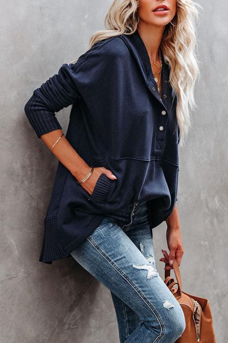 Women's Oversized Hoodie with Snap Placket and Ribbed Sleeves, Navy Blue, view 7