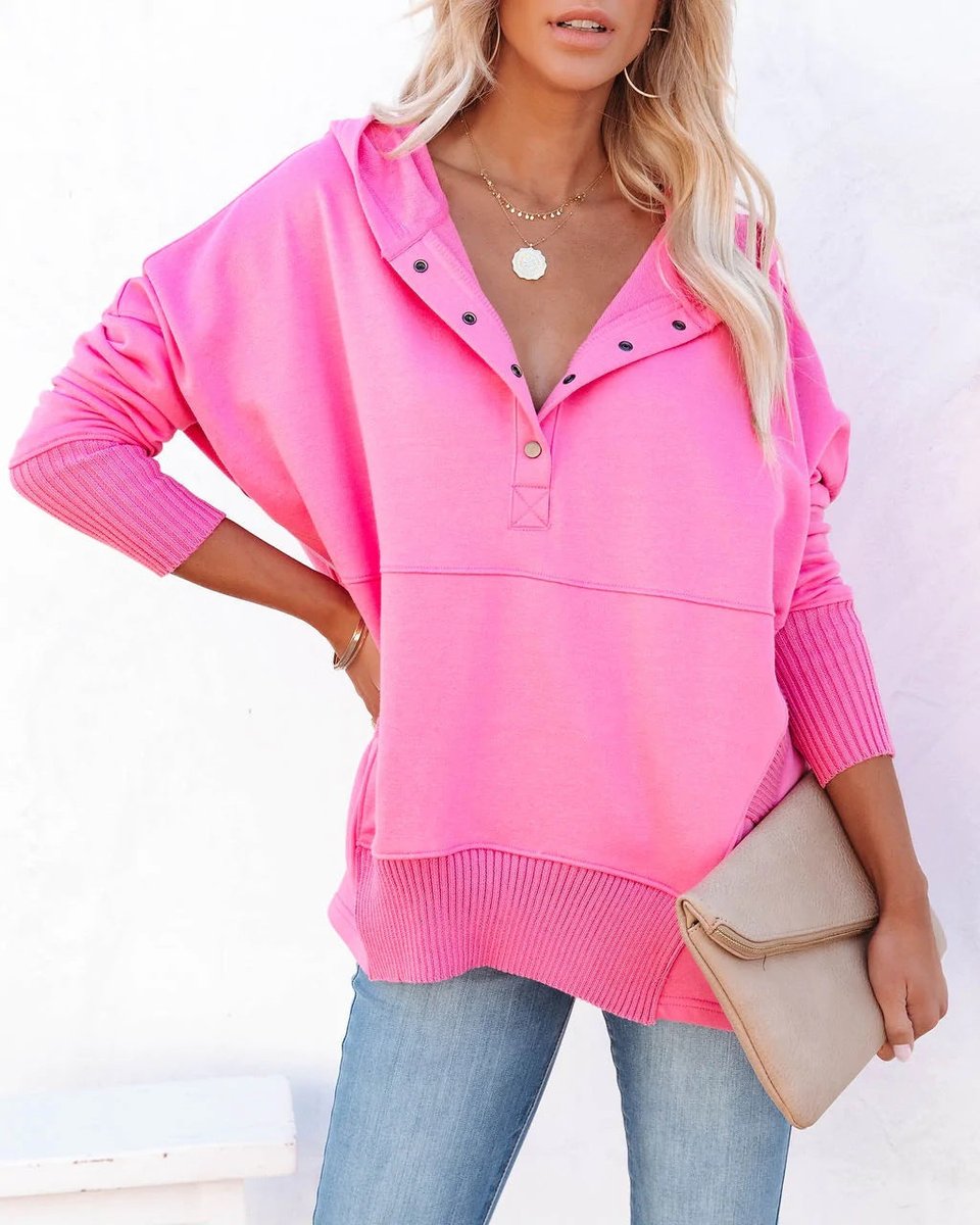 Women's Oversized Hoodie with Snap Placket and Ribbed Sleeves, Pink, view 14