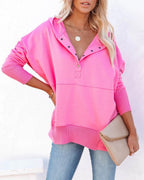 Women's Oversized Hoodie with Snap Placket and Ribbed Sleeves, Pink, view 14