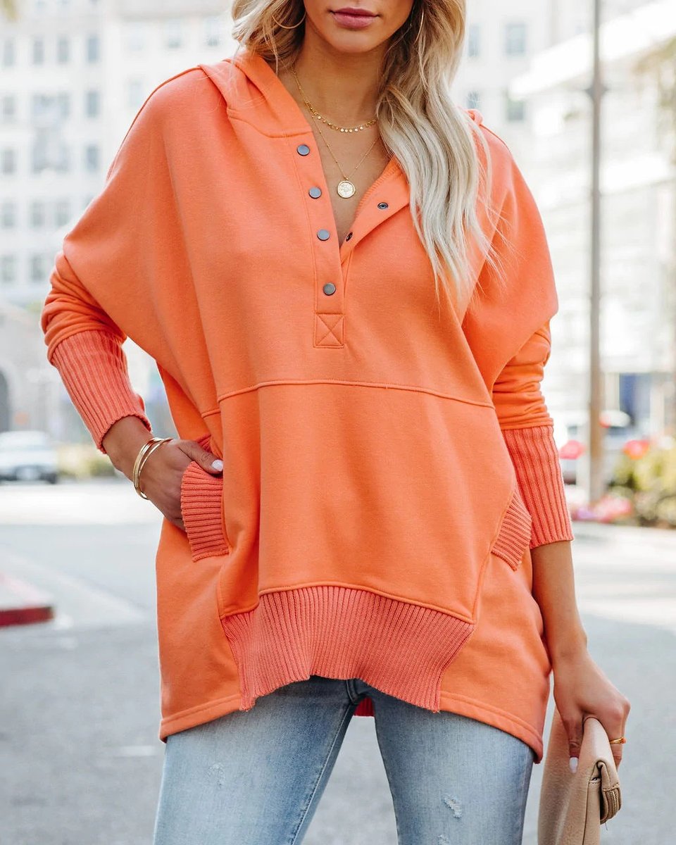 Women's Oversized Hoodie with Snap Placket and Ribbed Sleeves, Orange, view 15