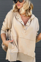 Women's Oversized Hoodie with Snap Placket and Ribbed Sleeves, Khaki, view 16
