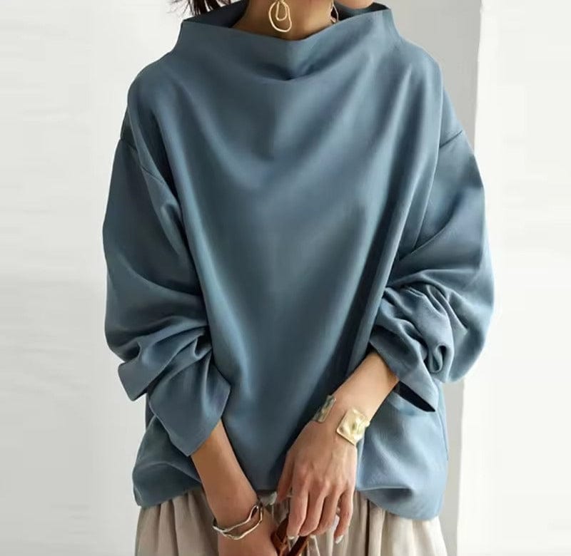 Women's Oversized Jumper with Draped High Neck, Blue, view 3