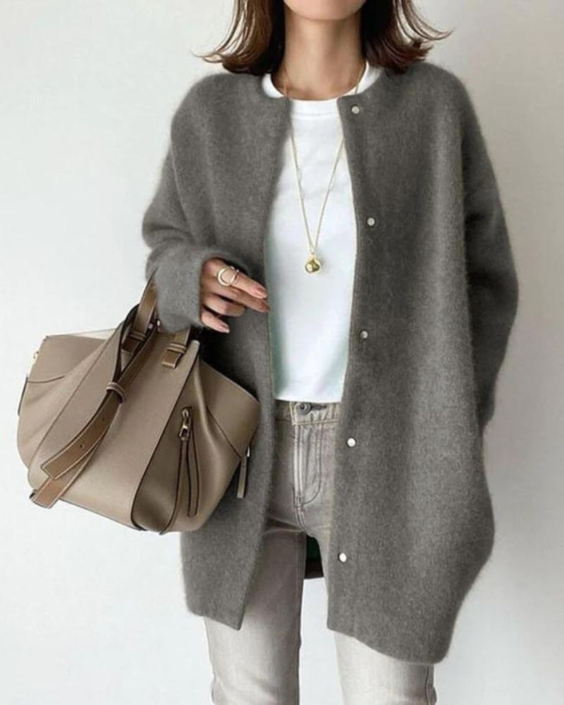 Women's Oversized Knit Cardigan with Snap Buttons, Grey, view 3