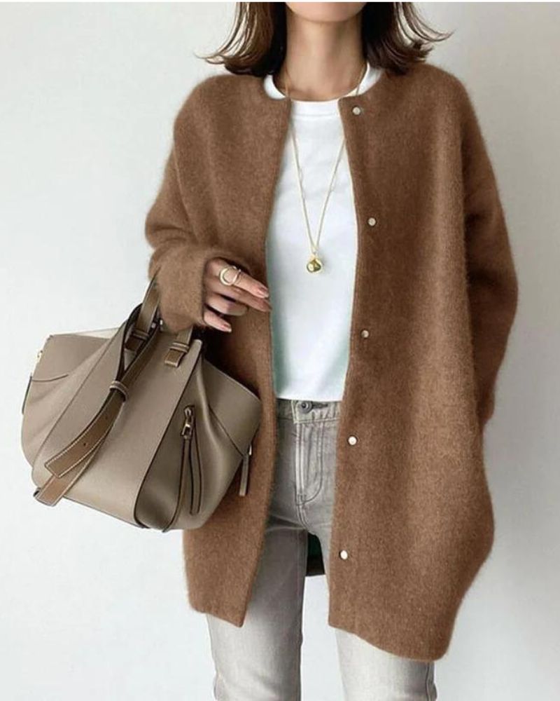 Women's Oversized Knit Cardigan with Snap Buttons, Dark Brown, view 4