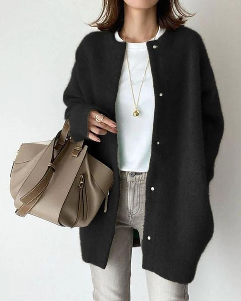 Women's Oversized Knit Cardigan with Snap Buttons, Black, view 5