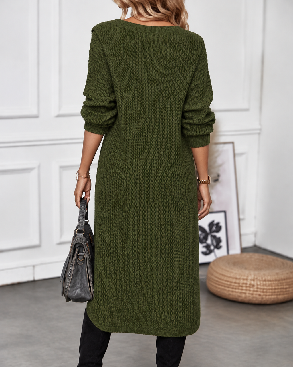 Women's Oversized Knit Dress with Wrap Split Hem, view 3