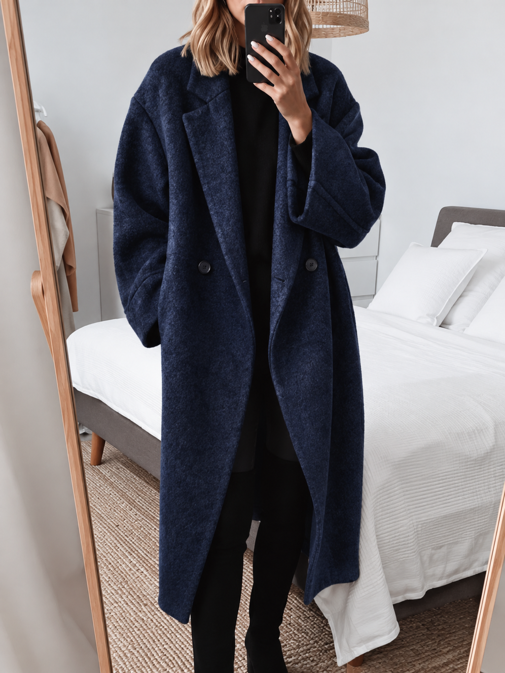 Women's Oversized Long Coat with Wide Lapels, Dark Blue, view 2