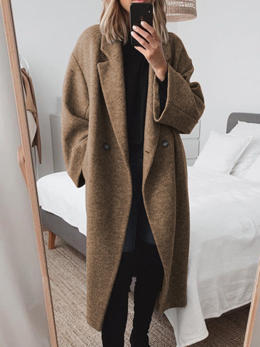 Women's Oversized Long Coat with Wide Lapels, Brown, view 3