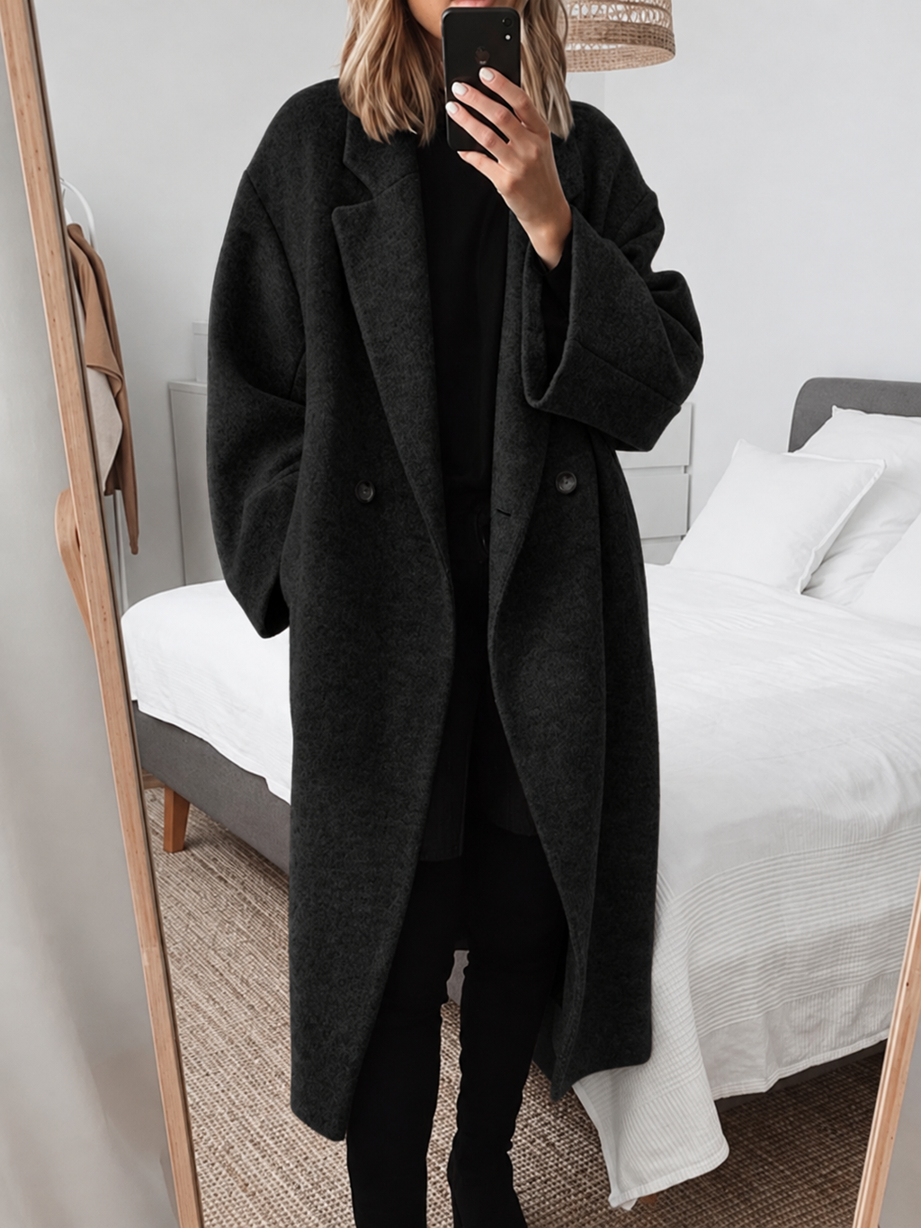 Women's Oversized Long Coat with Wide Lapels, Black, view 4
