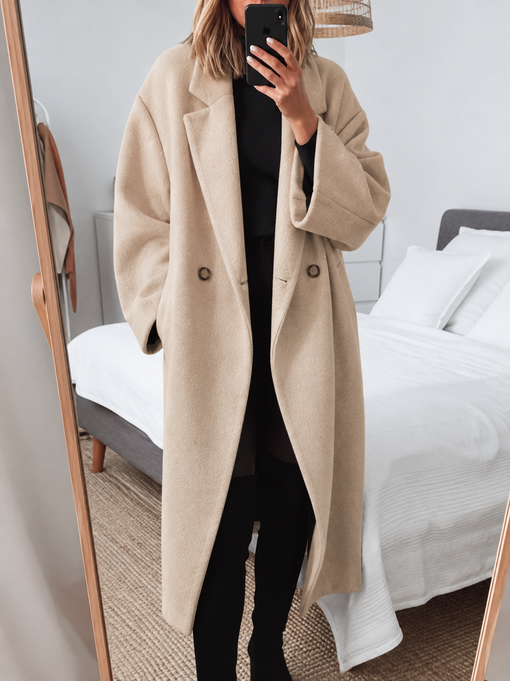 Women's Oversized Long Coat with Wide Lapels, Beige, view 5