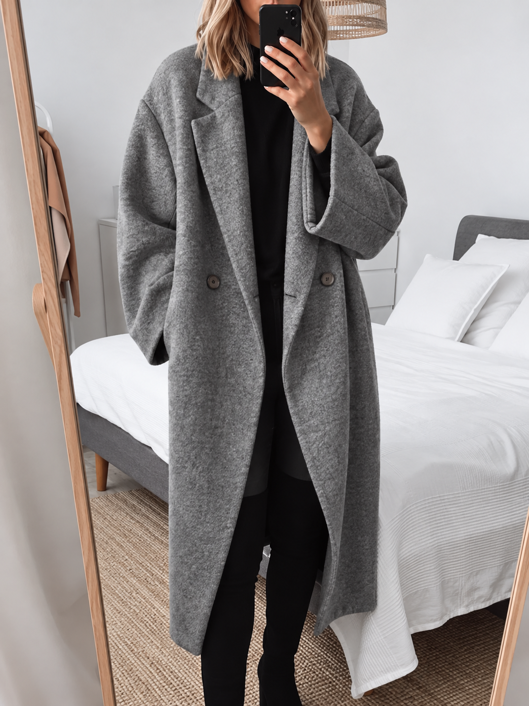 Women's Oversized Long Coat with Wide Lapels, Grey, view 6