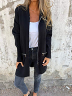 Women's Oversized Longline Zip Cardigan with Zip Pockets, Black, view 1