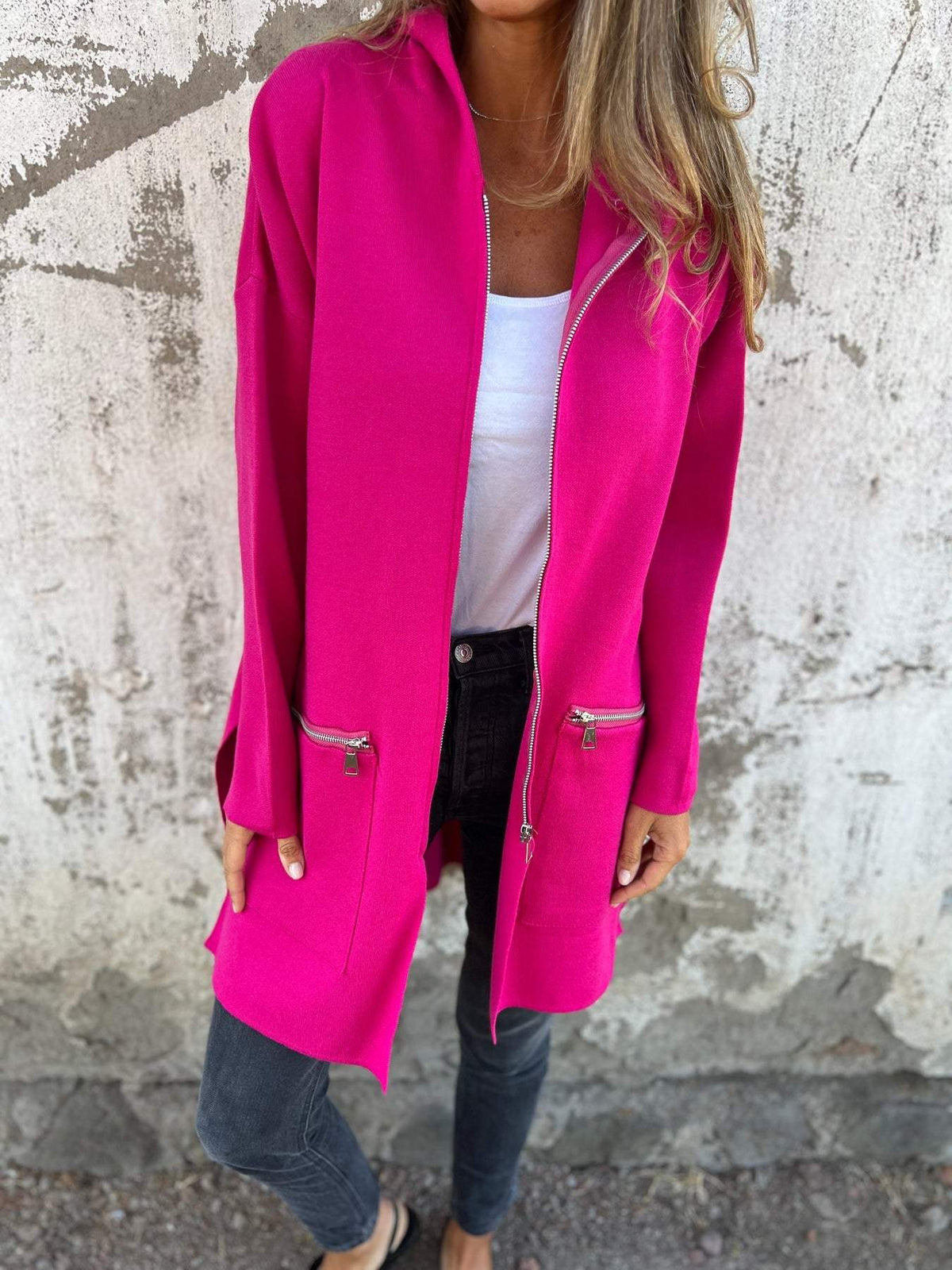 Women's Oversized Longline Zip Cardigan with Zip Pockets, Pink, view 2