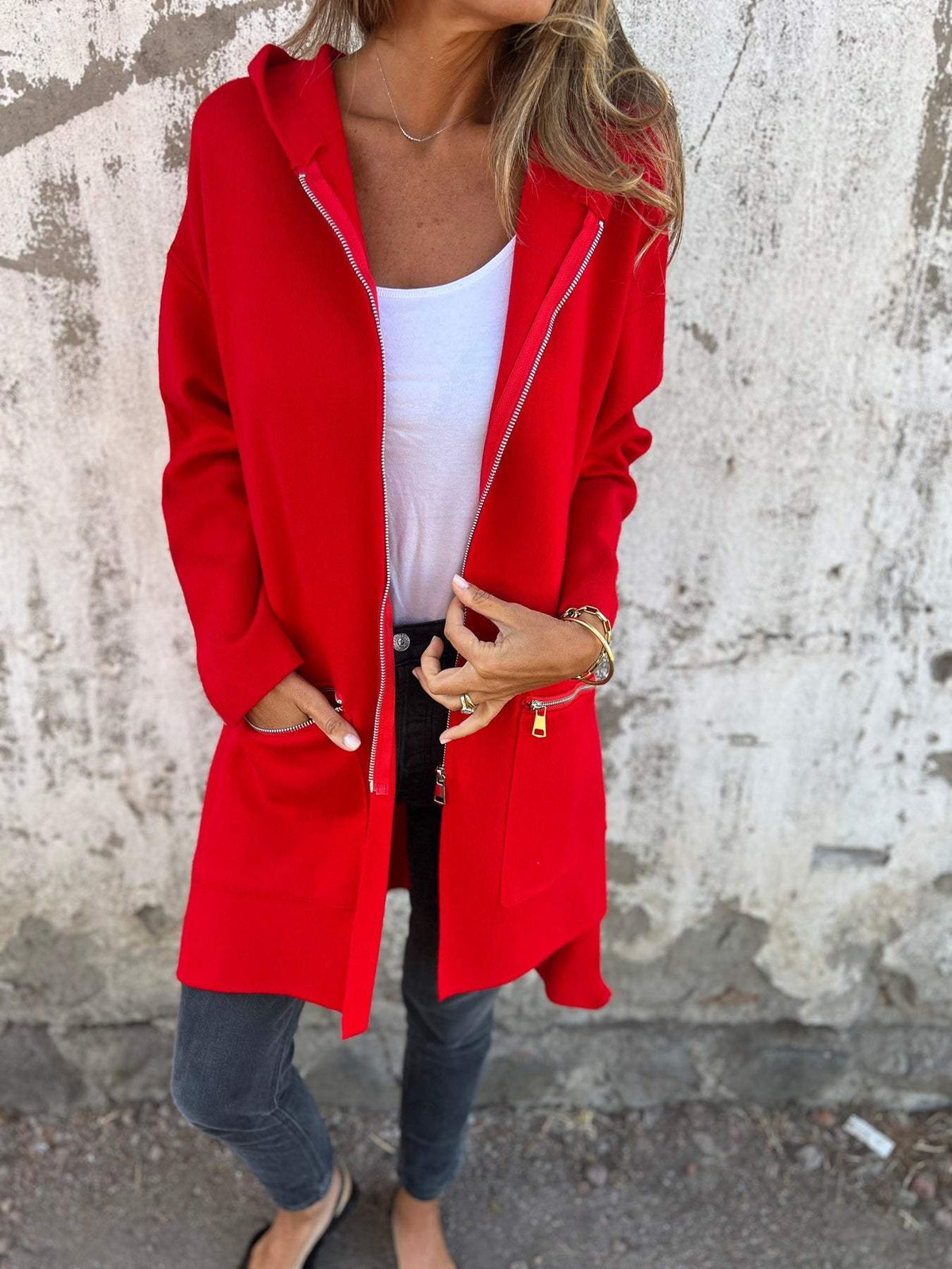Women's Oversized Longline Zip Cardigan with Zip Pockets, Red, view 3
