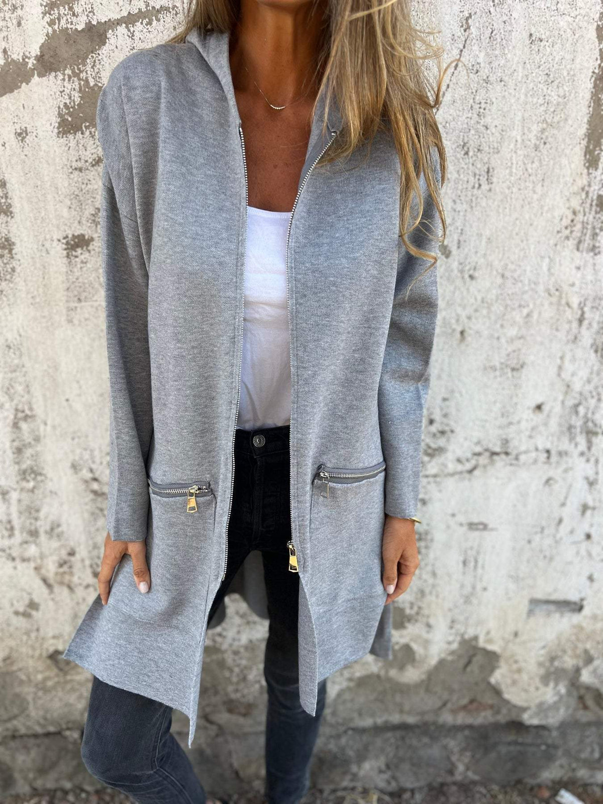Women's Oversized Longline Zip Cardigan with Zip Pockets, Grey, view 4