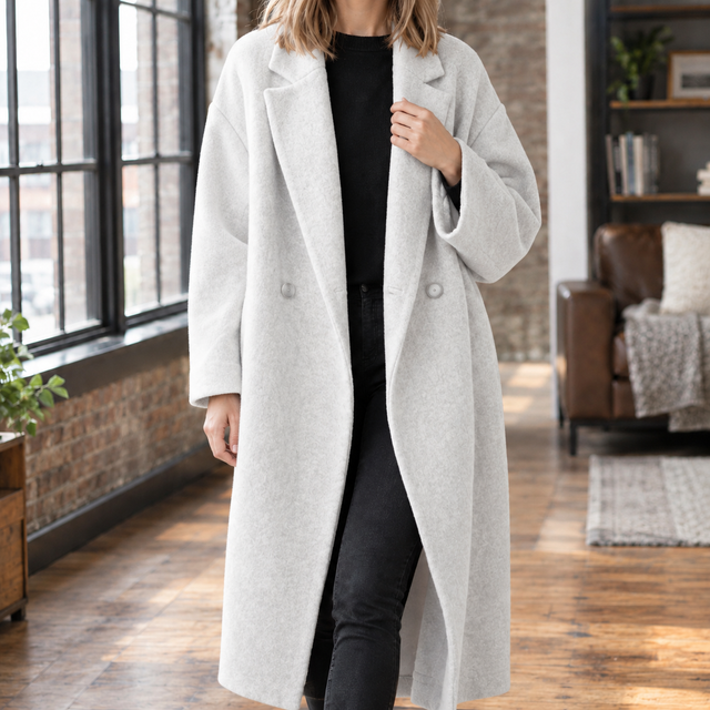 Women's Oversized Maxi Coat with Double-Button Front, Off White, view 2