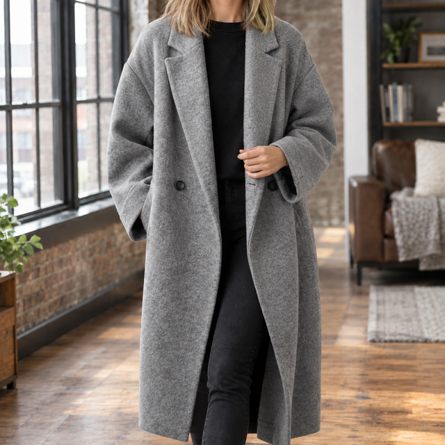 Women's Oversized Maxi Coat with Double-Button Front, Grey, view 3
