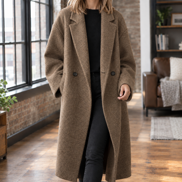 Women's Oversized Maxi Coat with Double-Button Front, Brown, view 4