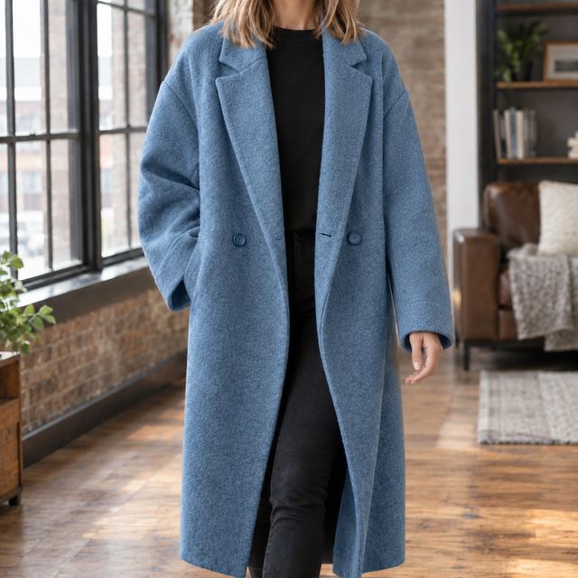 Women's Oversized Maxi Coat with Double-Button Front, Sea Blue, view 5