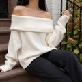 Women's Oversized Off-Shoulder Fold-Over Neckline Jumper, White, view 1