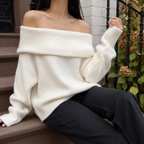 Women's Oversized Off-Shoulder Fold-Over Neckline Jumper, White, view 1