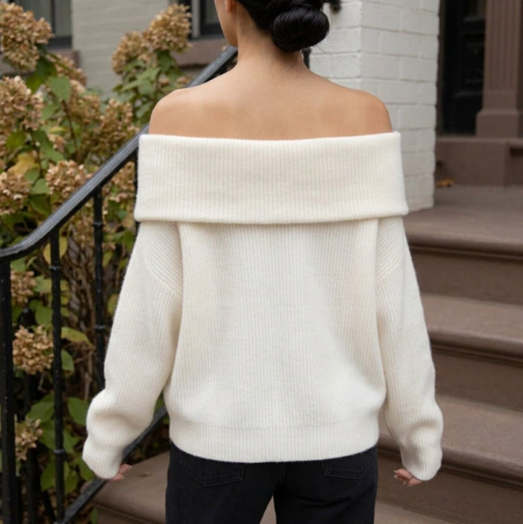 Women's Oversized Off-Shoulder Fold-Over Neckline Jumper, view 2