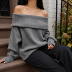 Women's Oversized Off-Shoulder Fold-Over Neckline Jumper, Grey, view 3