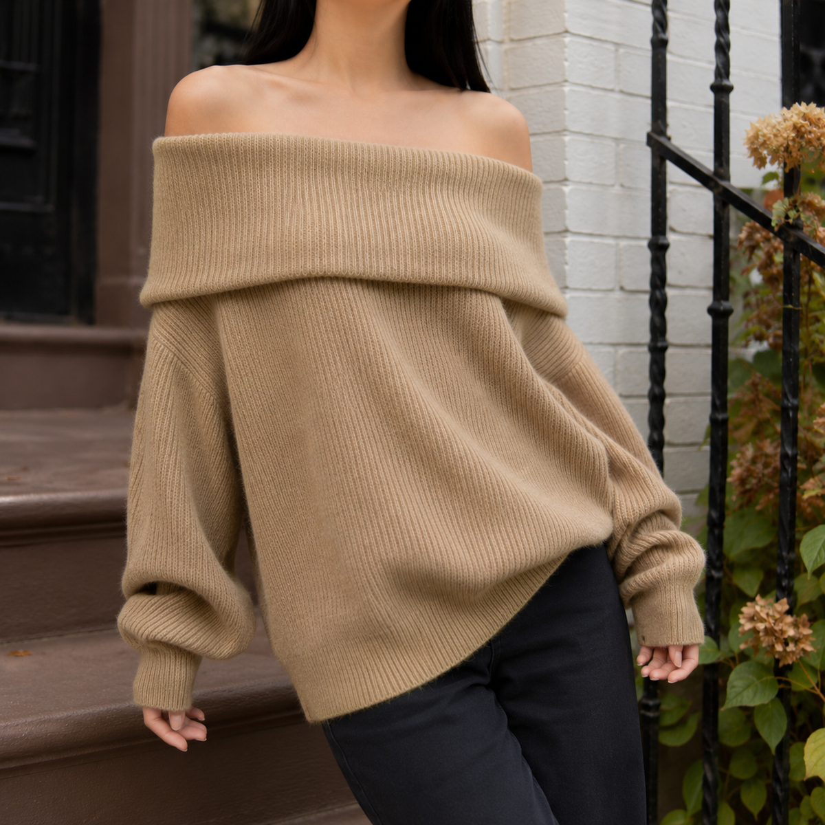 Women's Oversized Off-Shoulder Fold-Over Neckline Jumper, Khaki, view 4