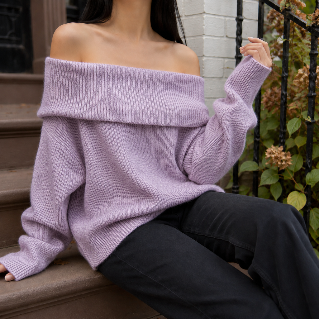 Women's Oversized Off-Shoulder Fold-Over Neckline Jumper, Purple, view 5