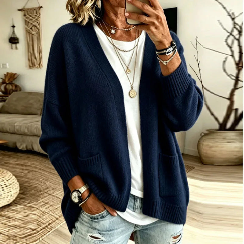Women's Oversized Open-Front Cardigan with Patch Pockets, Dark Blue, view 1