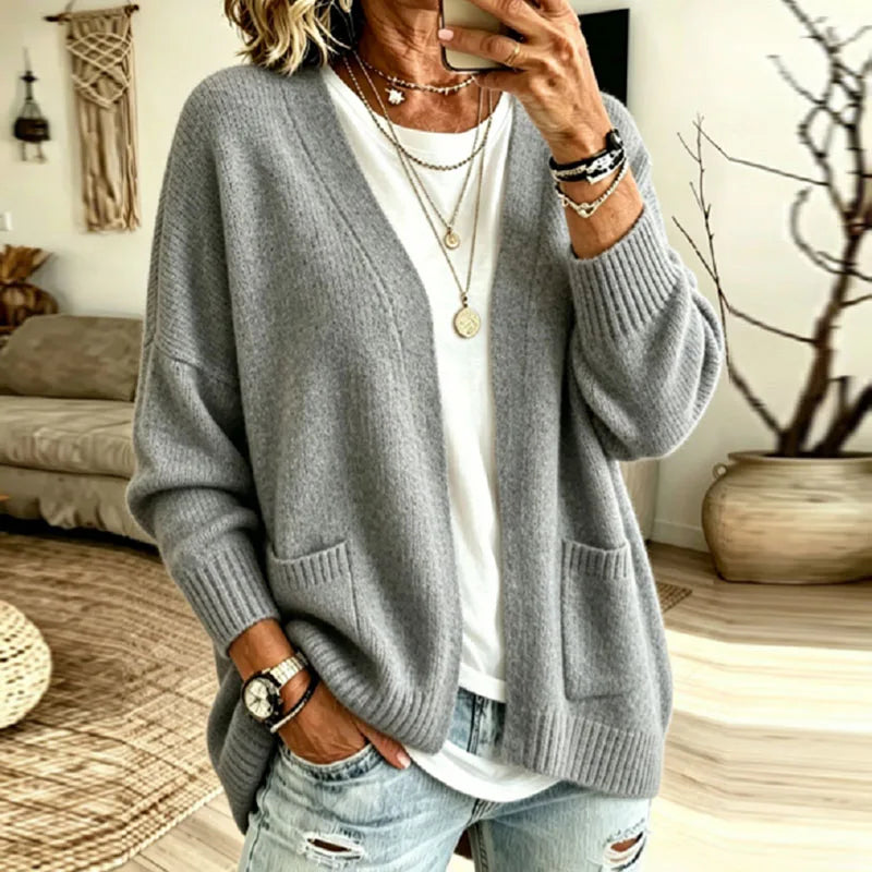 Women's Oversized Open-Front Cardigan with Patch Pockets, Grey, view 3