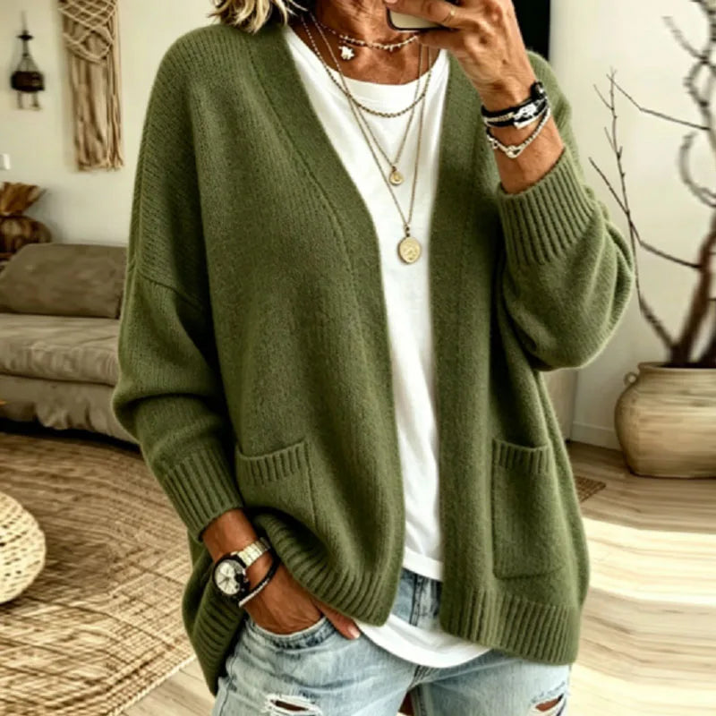 Women's Oversized Open-Front Cardigan with Patch Pockets, Army Green, view 4