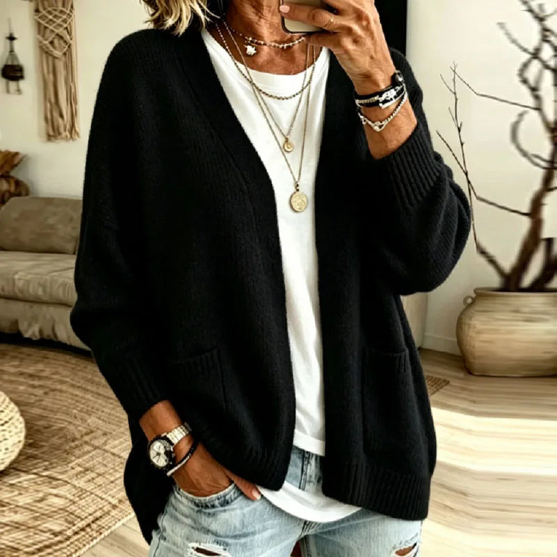 Women's Oversized Open-Front Cardigan with Patch Pockets, Black, view 5