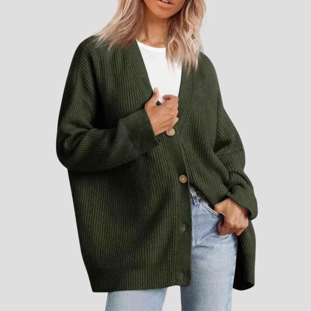 Women's Oversized Ribbed Knit Cardigan with Deep V-Neckline, Green, view 1