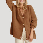 Women's Oversized Ribbed Knit Cardigan with Deep V-Neckline, Brown, view 2