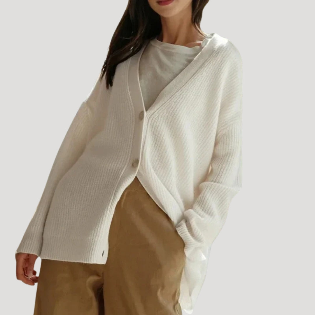 Women's Oversized Ribbed Knit Cardigan with Deep V-Neckline, White, view 4