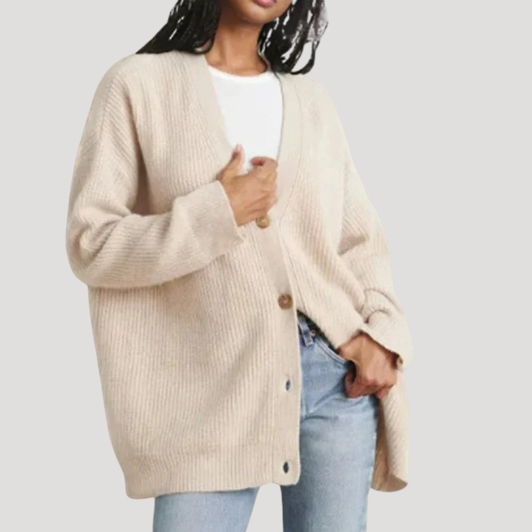 Women's Oversized Ribbed Knit Cardigan with Deep V-Neckline, Beige, view 5