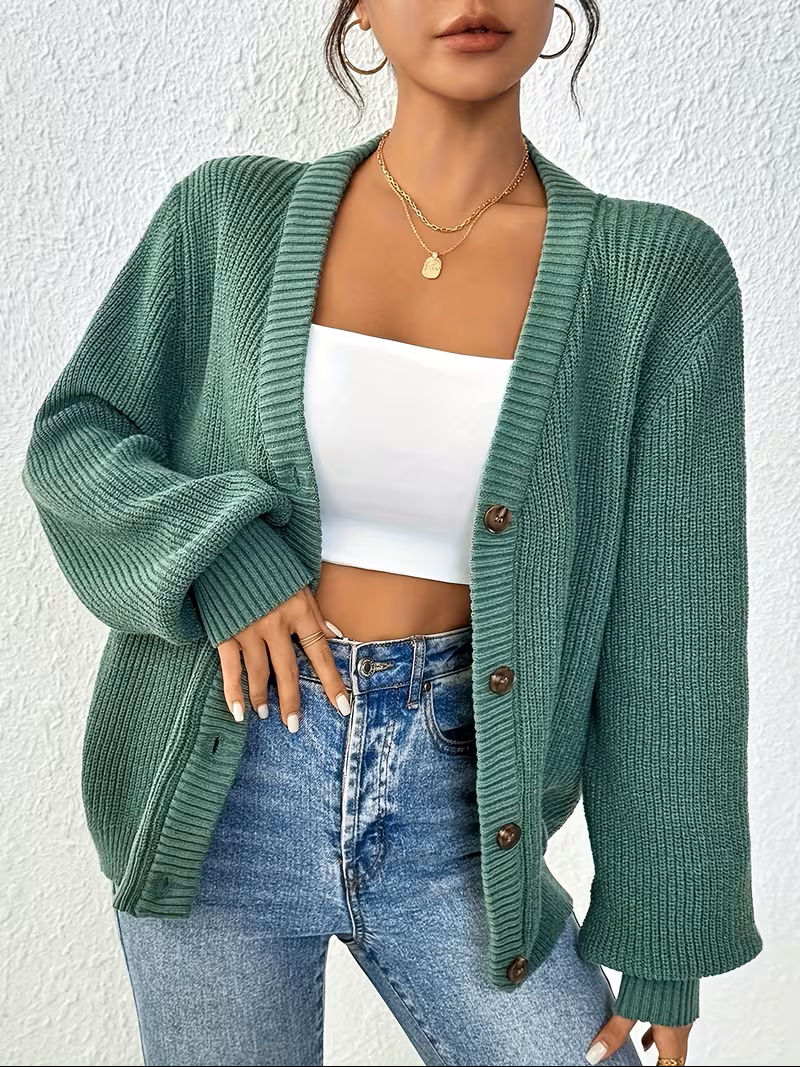 Women's Oversized Ribbed Knit Cardigan with V-Neck, Green, view 1