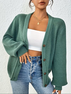 Women's Oversized Ribbed Knit Cardigan with V-Neck, Green, view 1