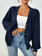 Women's Oversized Ribbed Knit Cardigan with V-Neck, Navy, view 2