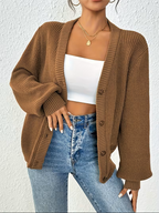 Women's Oversized Ribbed Knit Cardigan with V-Neck, Camel, view 3