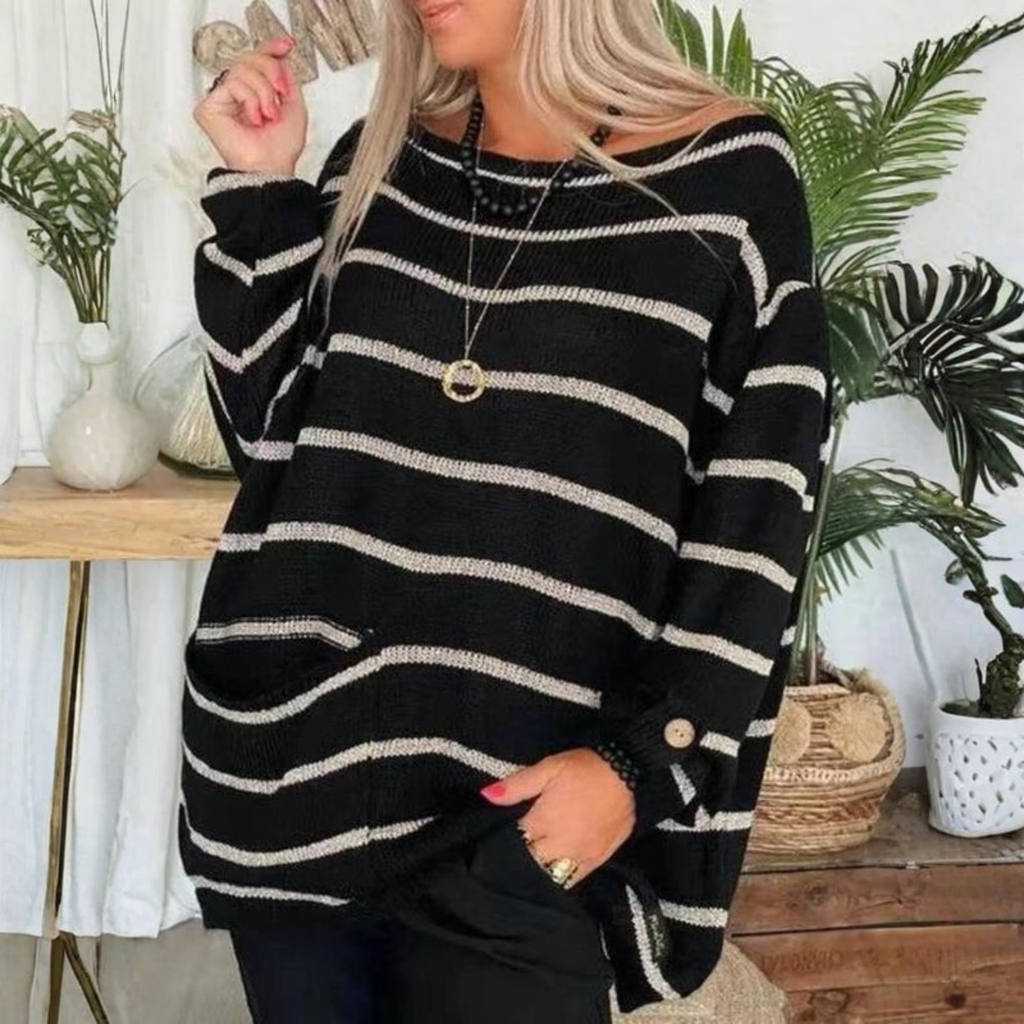 Women's Oversized Striped Knit Jumper with Front Pockets and Button Cuffs, Black, view 2