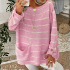 Women's Oversized Striped Knit Jumper with Front Pockets and Button Cuffs, Pink, view 3