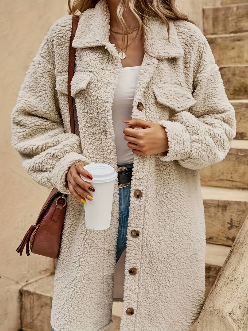 Women's Oversized Teddy Coat with Flap Chest Pockets, Beige, view 1