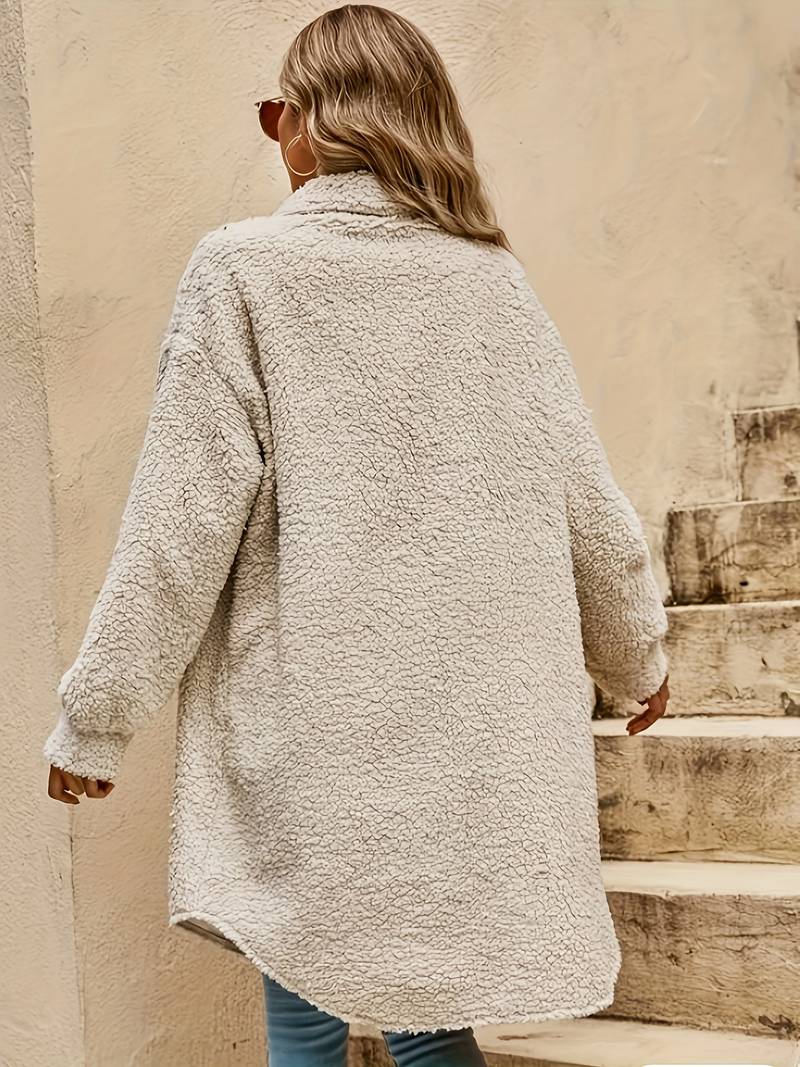 Women's Oversized Teddy Coat with Flap Chest Pockets, view 2