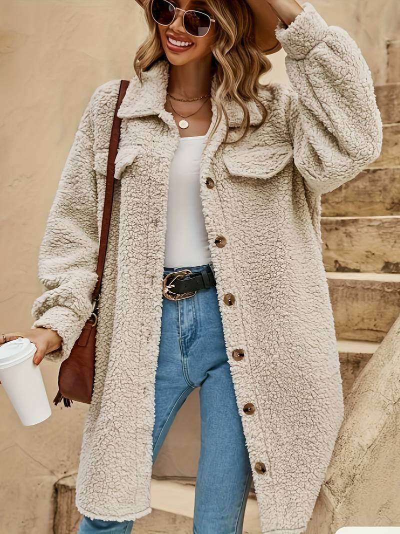 Women's Oversized Teddy Coat with Flap Chest Pockets, view 4