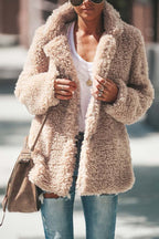 Women's Oversized Teddy Coat with Wide Lapels, Apricot, view 1